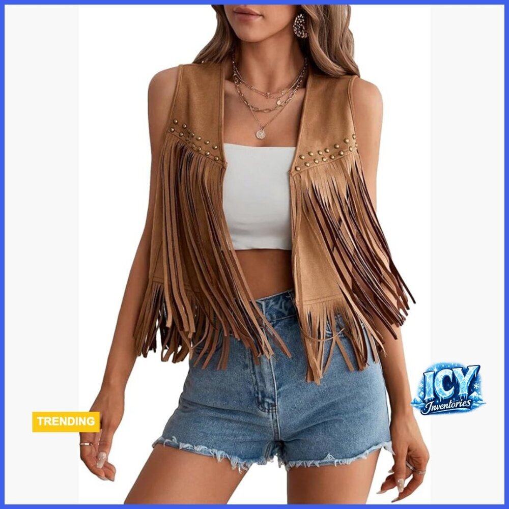 Faux Suede Fringe Vest Sleeveless Open Front Western Cowgirl Jacket